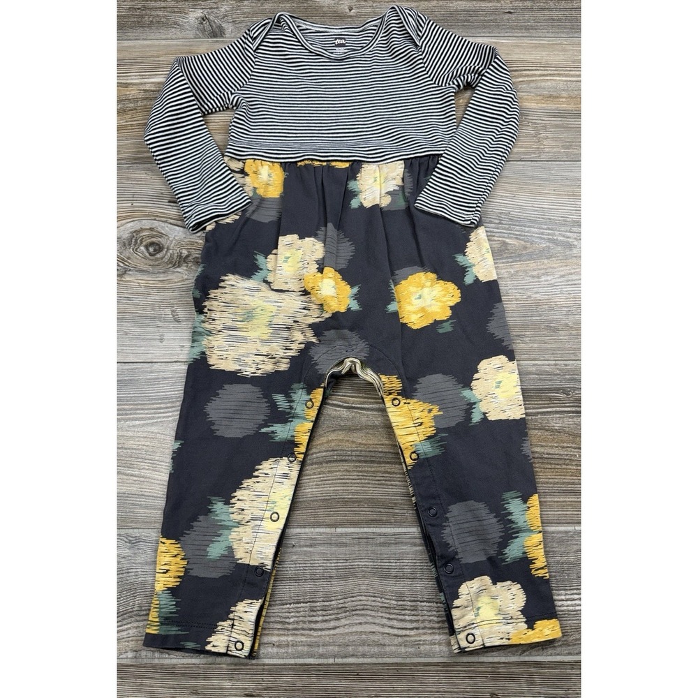 Tea Collection Girls 18/24M Black White Striped Floral Romper Snap Legs Cotton